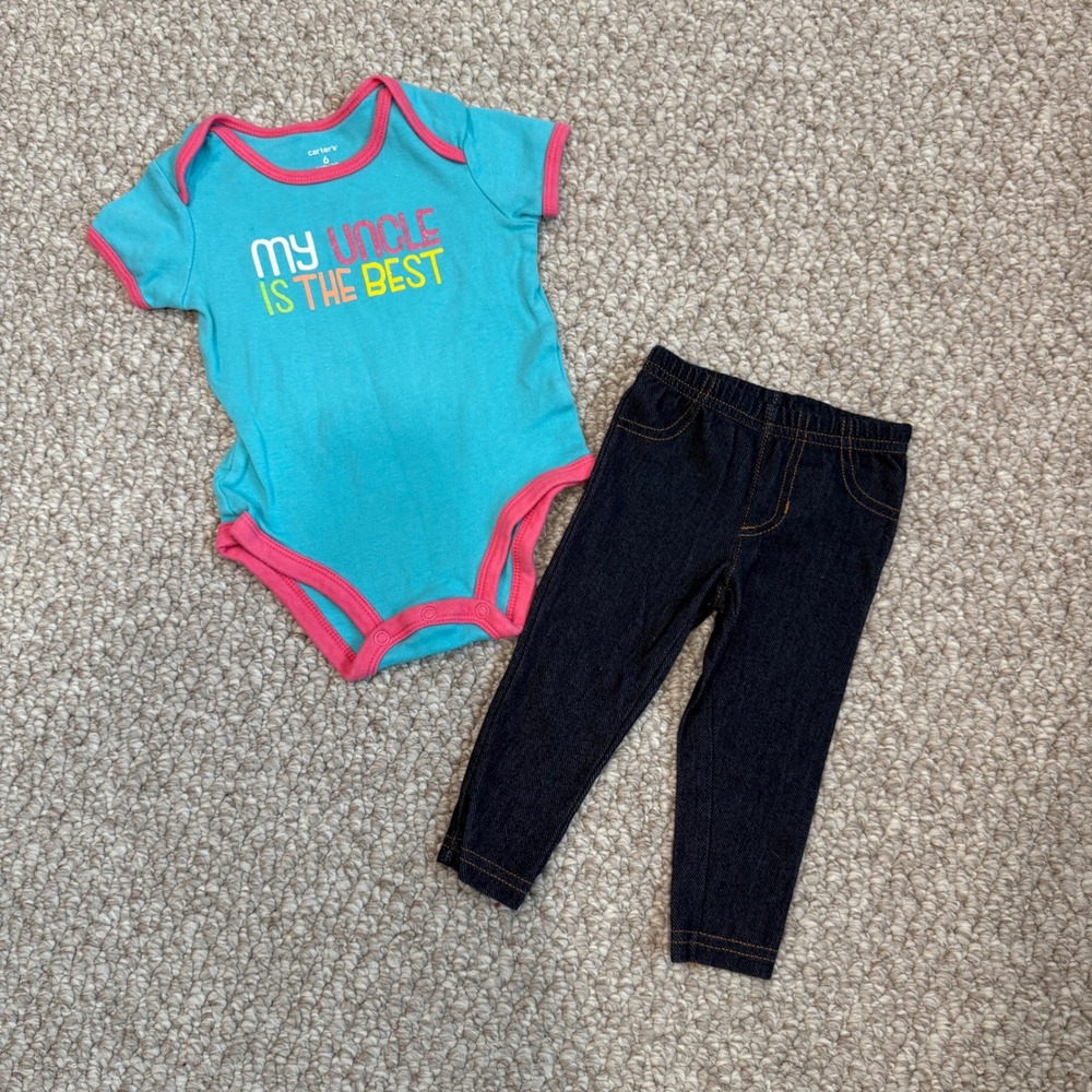 Carters Sizs 6 Monts My Uncle Is The Best Bodysuit and Denim Leggings Set